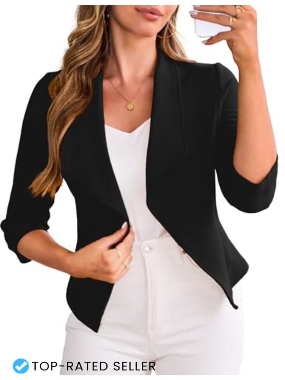 Women's Cropped Blazer Jacket Lightweight 3/4 Sleeve Polyester Business Casual